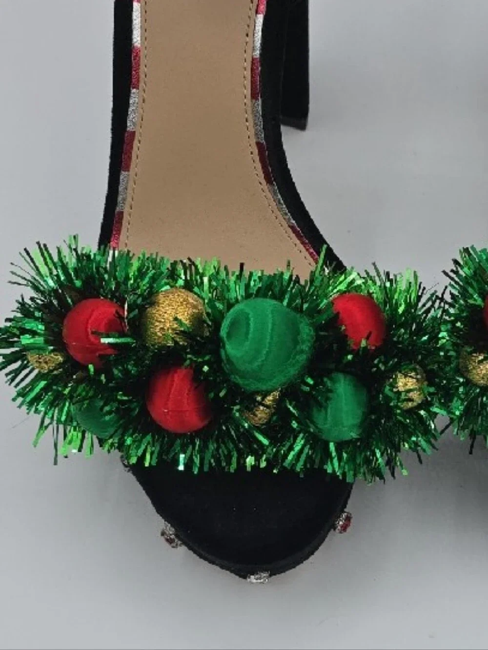 ANTONIO MELANI Black Velvet Heels with Green Tinsel and Red & Gold Ornaments